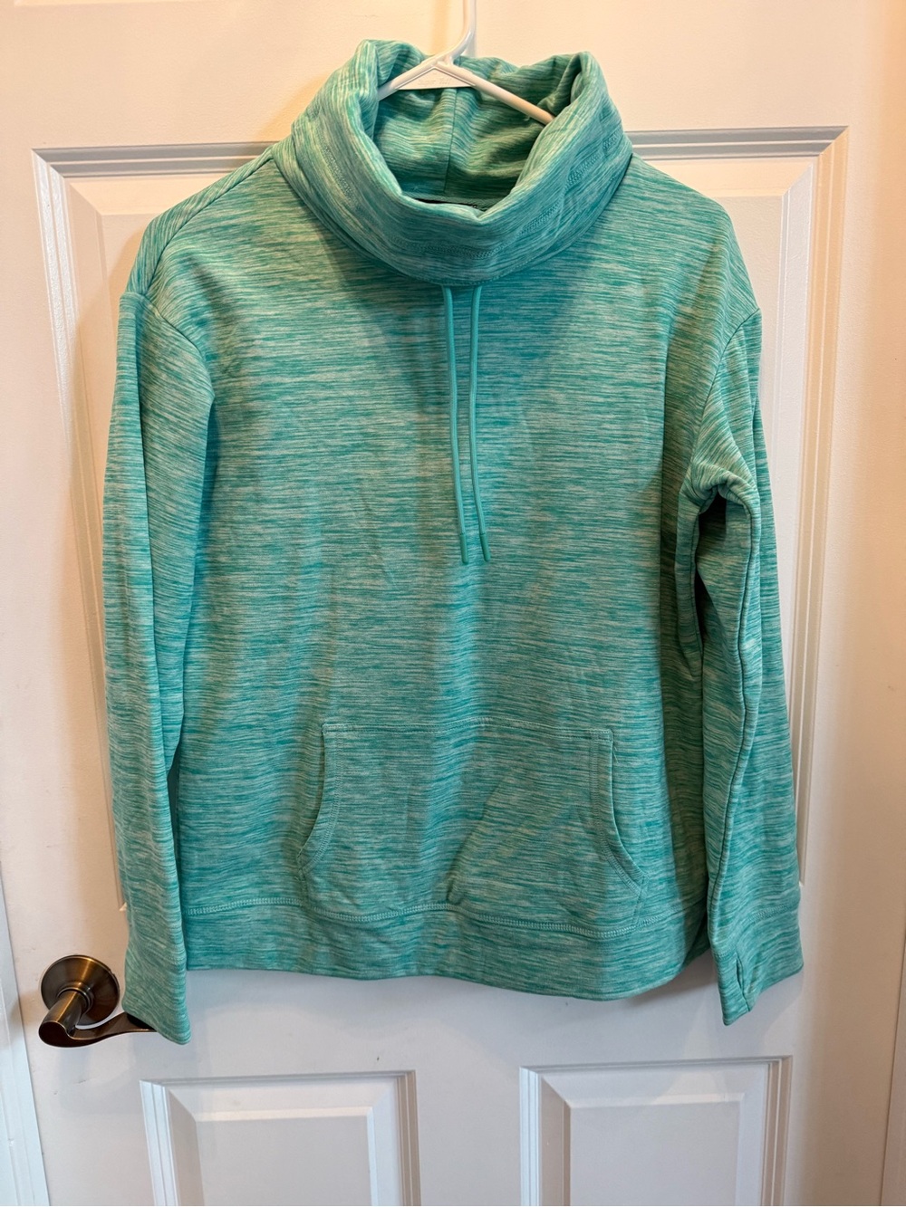 Cowl Neck Pullover Sweater in Teal Space-Dye